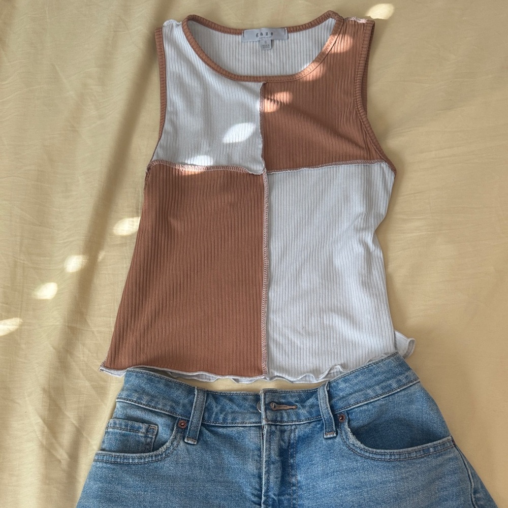 Gaze Brown and White Ribbed Tank Top